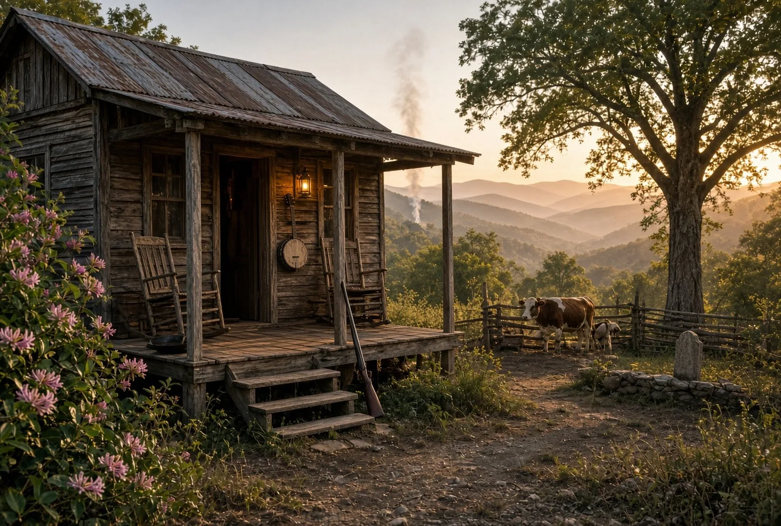 Artwork of a mountain cabin porch at sunset, the world of Tales From The Porch
