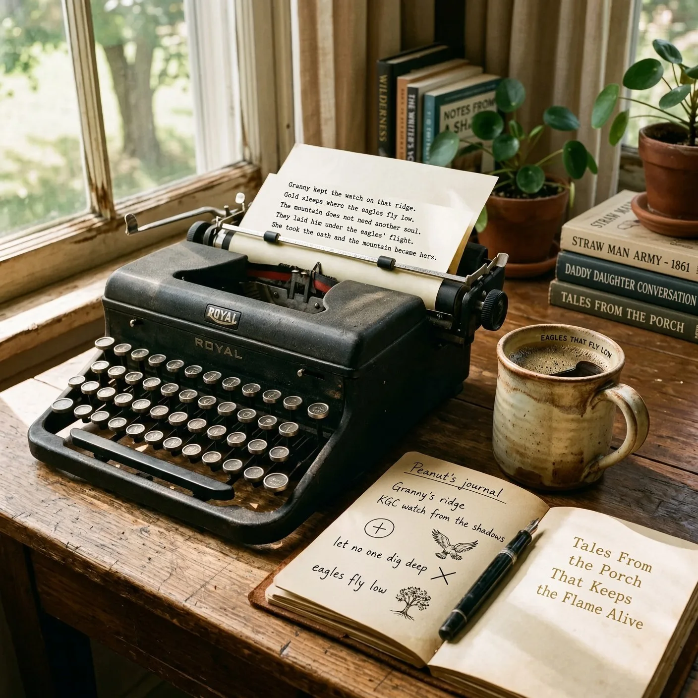 A vintage typewriter on a writing desk beside Luckie's books and a notebook